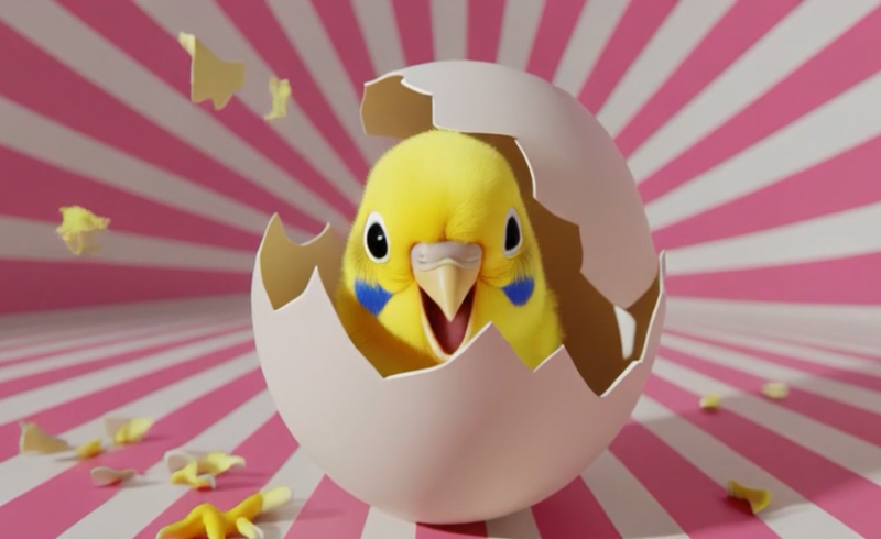 Small yellow bird sitting in a shell with a pink and withe striped background