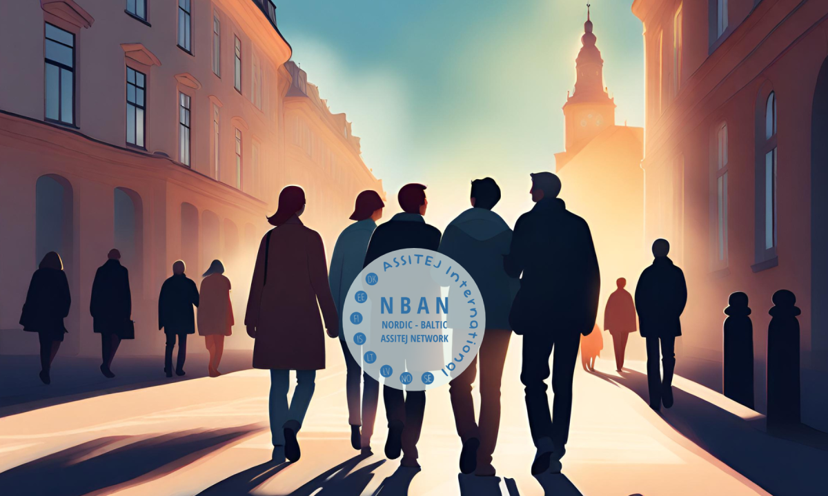 Folk i siluett går på en gata med byggnader på båda sidor.