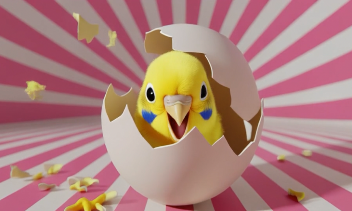 Liten gul fågel sitter i ett uppsprucket skal med en rosa vit randig bakgrund